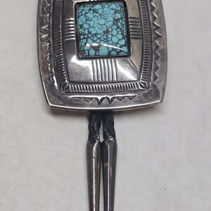 Vintage Sterling Silver Turquoise Shadowbox Bolo Tie